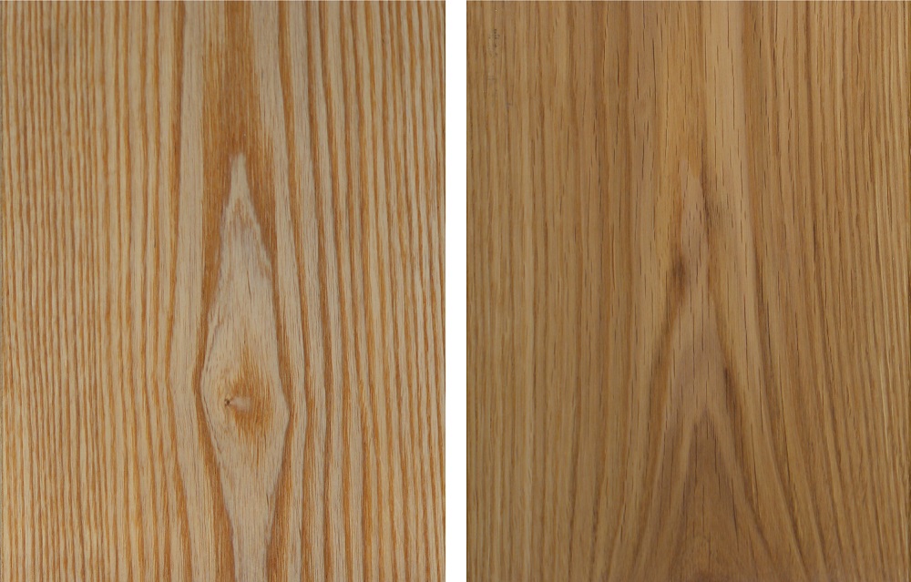 タモ・アッシュ材(左図)とナラ・オーク材(右図)の木目の違い
