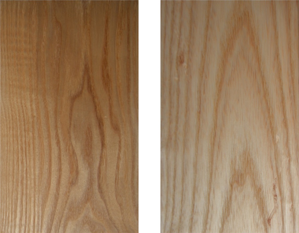 タモ材(左図)とアッシュ材(右図)の木目の違い